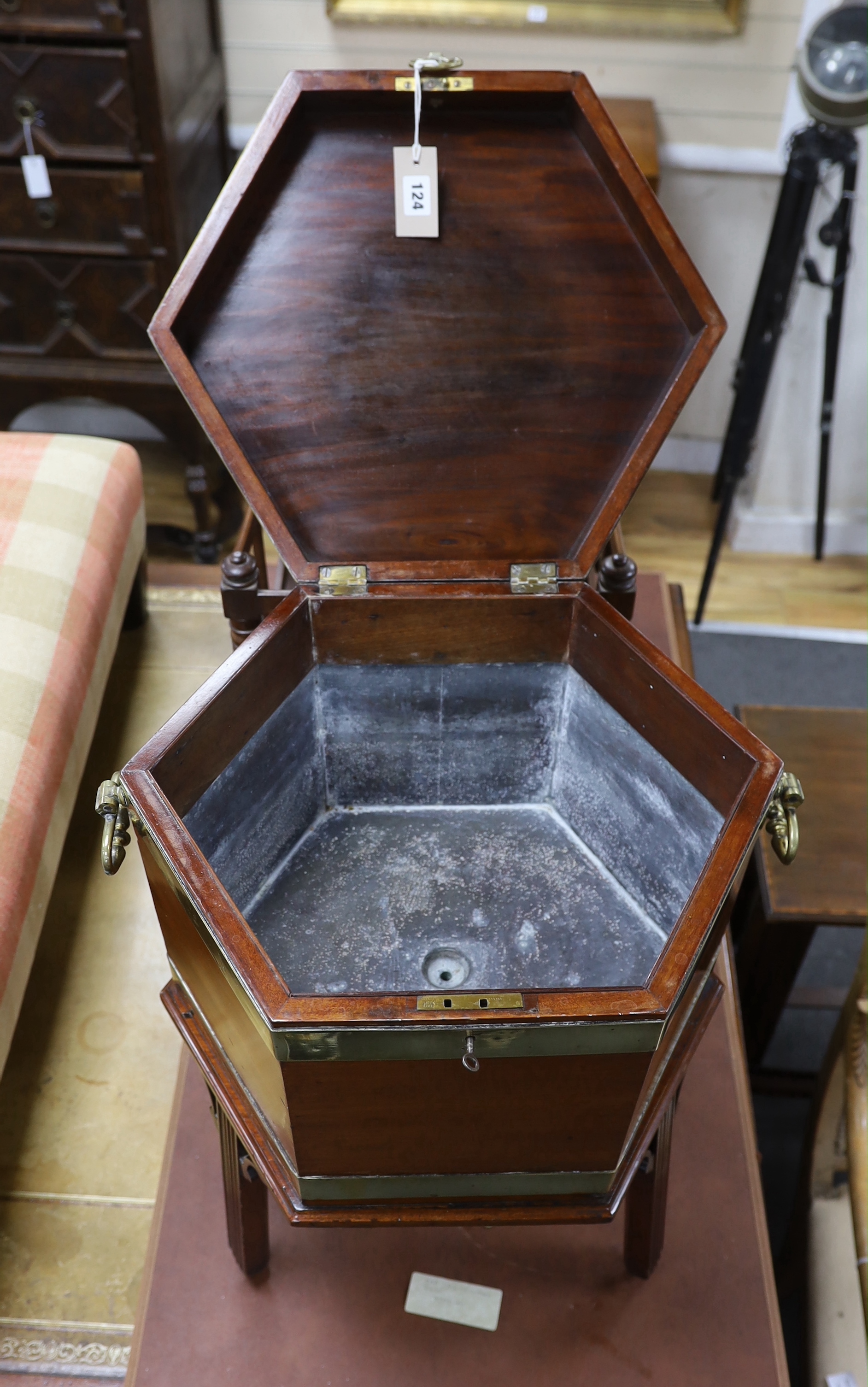 A George III hexagonal brass-bound wine cooler, width 48cm, height 66cm